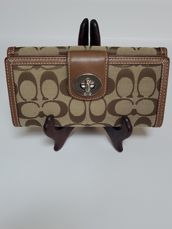 Coach Handbags - Coach Signature Turnlock Long Wallet Khaki Brown Canvas Leather Y2K EUC